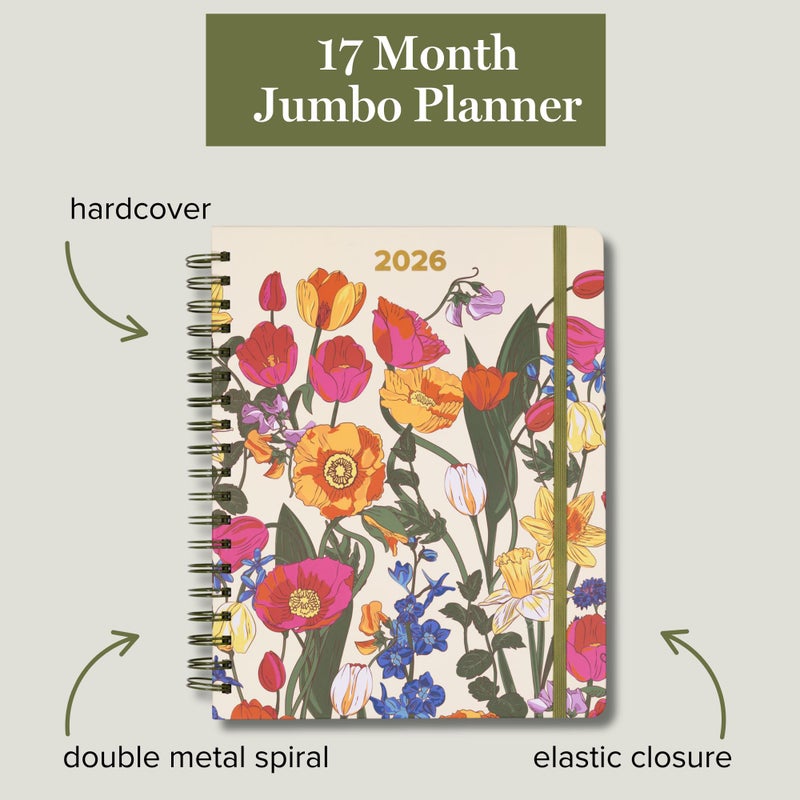 Vera Bradley 2025-2026 Jumbo Planner Daily Weekly & Monthly, 17 Month Hardcover Agenda Dated Aug 2025-Dec 2026, Cute Planner with Stickers, Pockets, & Spiral Binding, Meadow Bouquet Seedpearl - Image 4